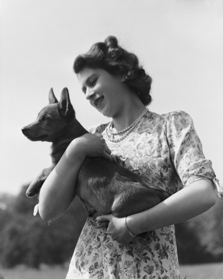 Queen Elizabeth and a corgi.