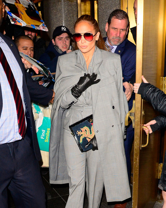 Jennifer Lopez in a gray coat