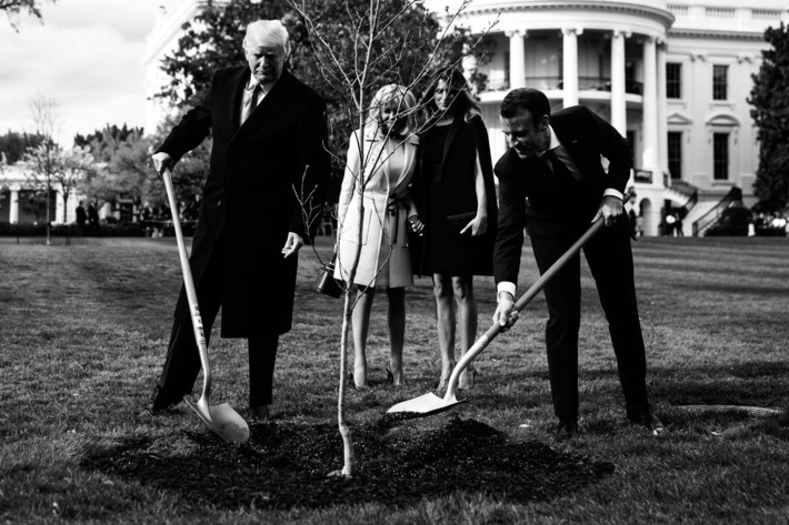Donald Trump and Emmanuel Macron planting a tree.